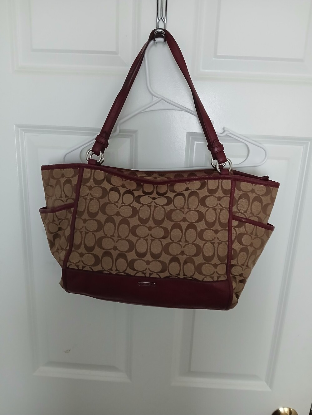 Coach Signature Jacquard Tote in Brown and Burgundy